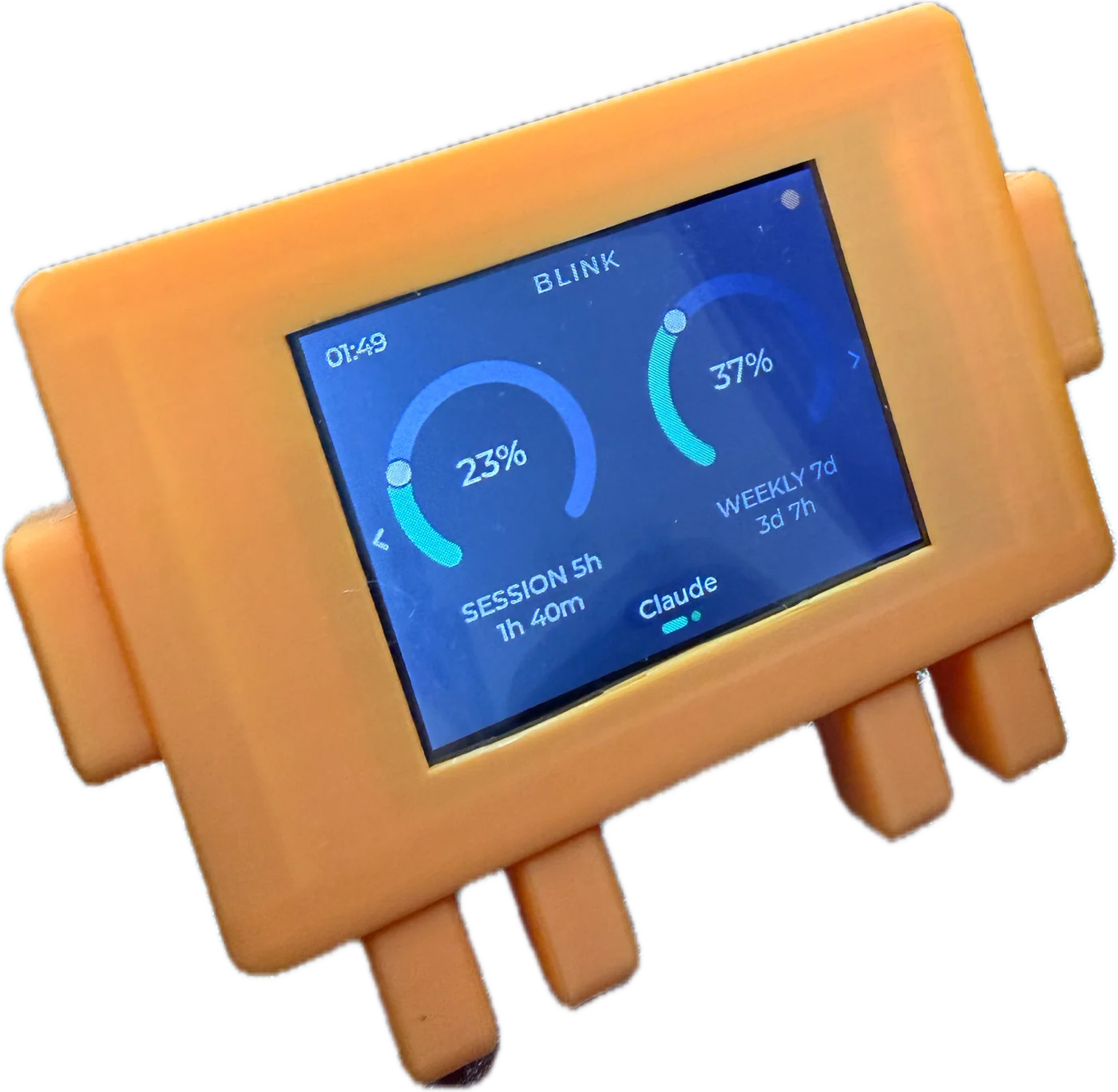 The Claude Code logo: an orange case on stubby legs, its screen reading BLINK with a session dial at 23 per cent and a weekly dial at 37 per cent.