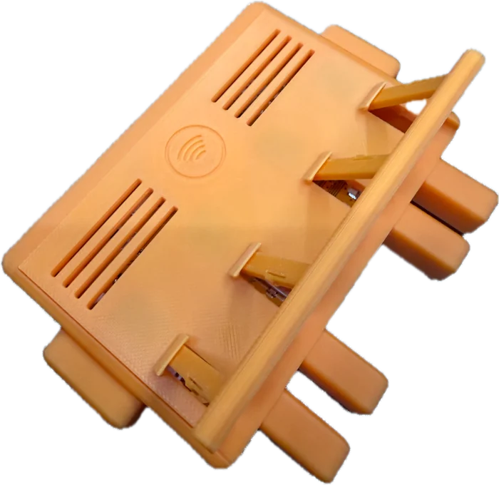 The same case with the stand swung out of its recess, standing clear of the back.