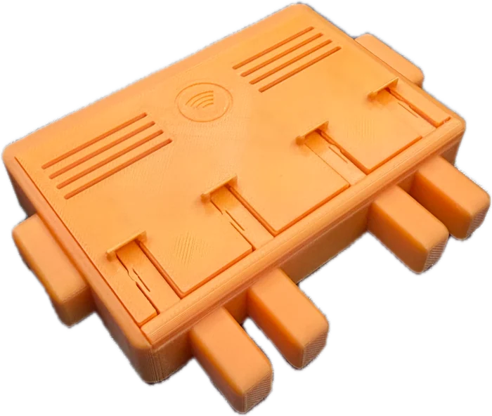 The back of the orange case with the stand folded flush into its recess.